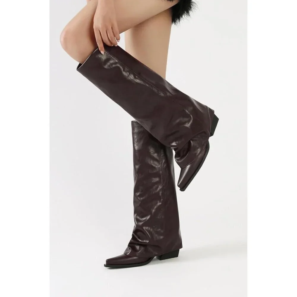 Women Brown Wide Calf Slouchy Shark Pointed Toe  Fold Over Knee High Tall Boots